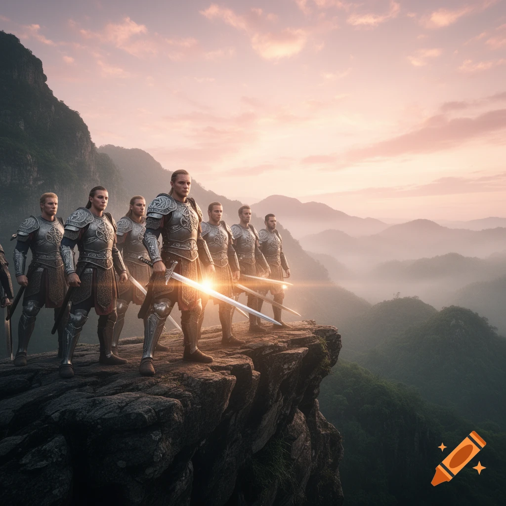 Seven warriors in ornate armor stand on a cliff overlooking misty mountains at sunset, holding glowing swords.