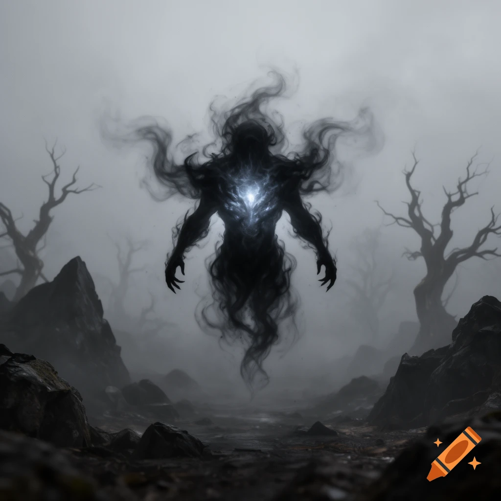 A dark, smoky elemental spirit with a glowing chest floats in a misty, barren landscape with gnarled trees.