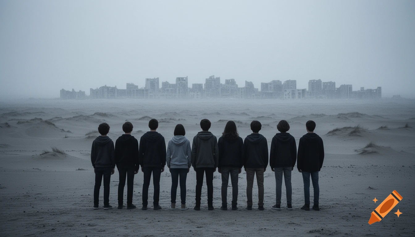 Nine adolescents stand with their backs to the viewer in a desolate sandy desert, looking towards a distant ruined city under a gray sky.
