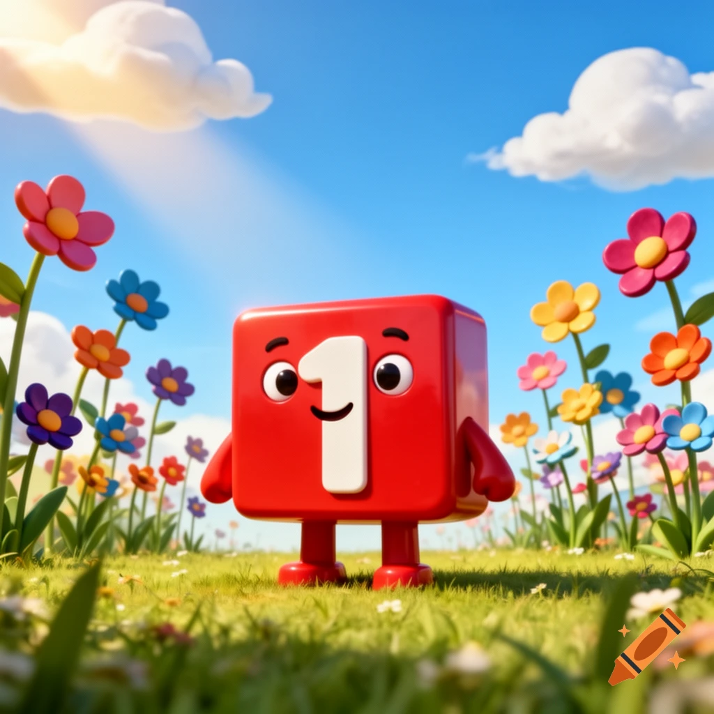 Red Numberblock 1 character smiling in a vibrant green field with colorful flowers under a bright blue sky. Cartoon style.