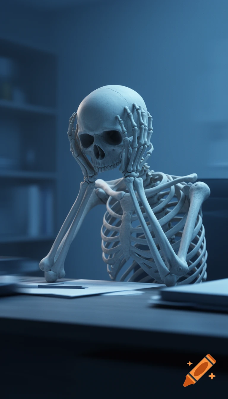 3D render of a human skeleton sitting at a desk, head in hands in frustration, under cold blue lighting.
