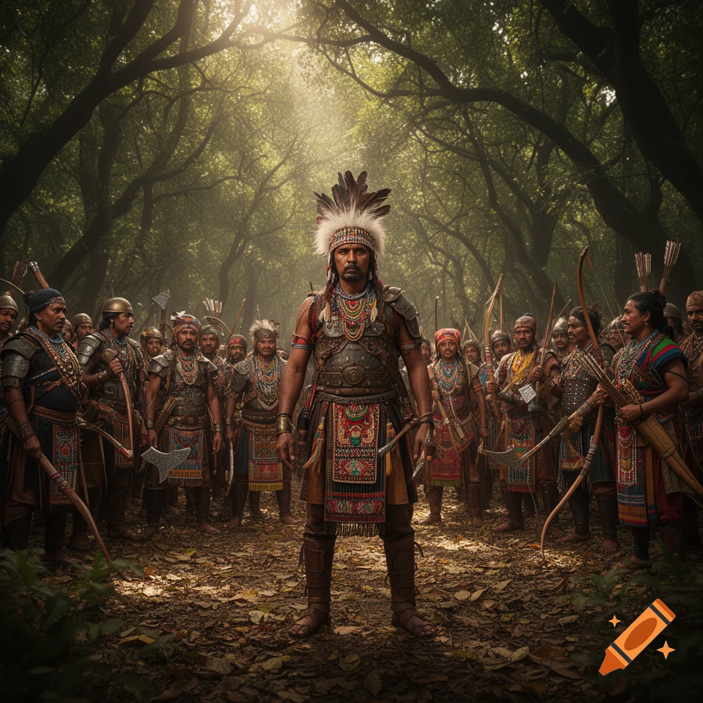 A commanding Indian warrior in elaborate traditional attire and headdress stands in a sunlit forest, surrounded by his armed warband.