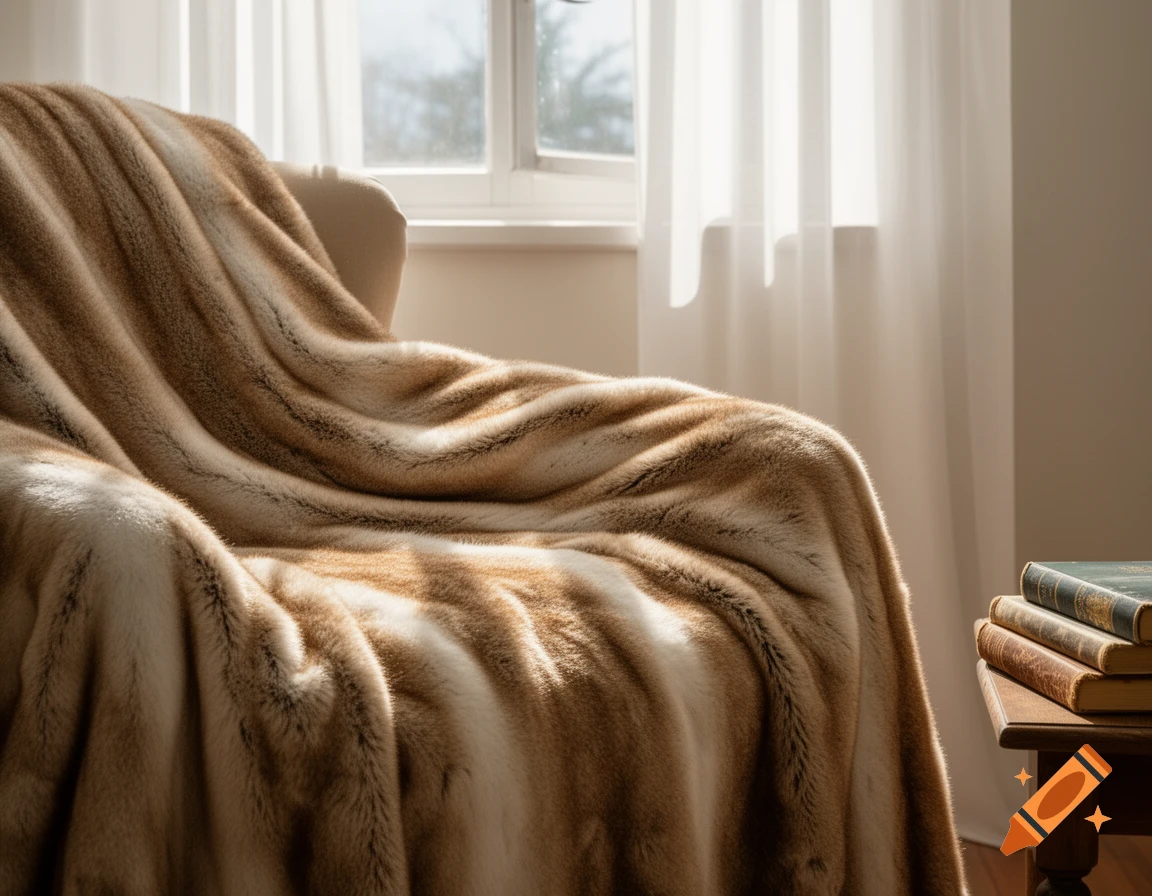 A warm, striped furry blanket drapes over an armchair near a sunlit window, with a stack of books on a small table beside it.