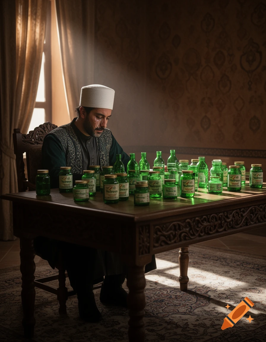 A man in a white cap and green robe sits crying at a wooden table covered with green bottles and jars in a softly lit room.