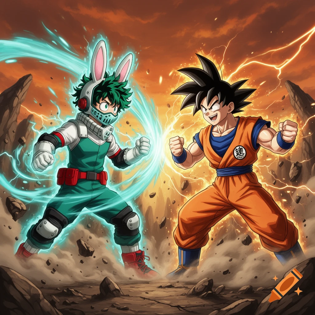 Anime characters Deku in a bunny-eared mask and Goku with power auras face off on a rocky battlefield with lightning.