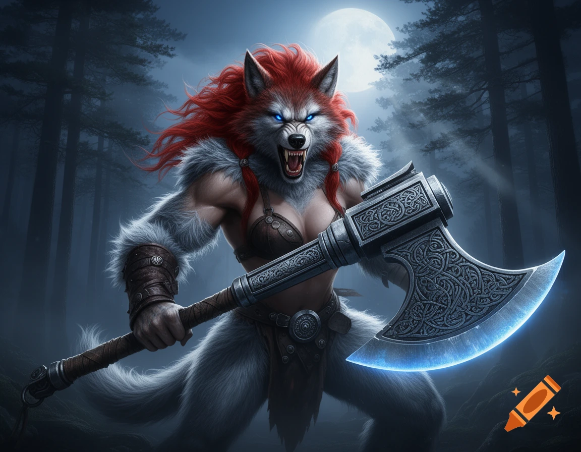 Muscular red-headed female werewolf barbarian stands in a misty forest under a full moon, holding a large, glowing axe in fantasy art style.