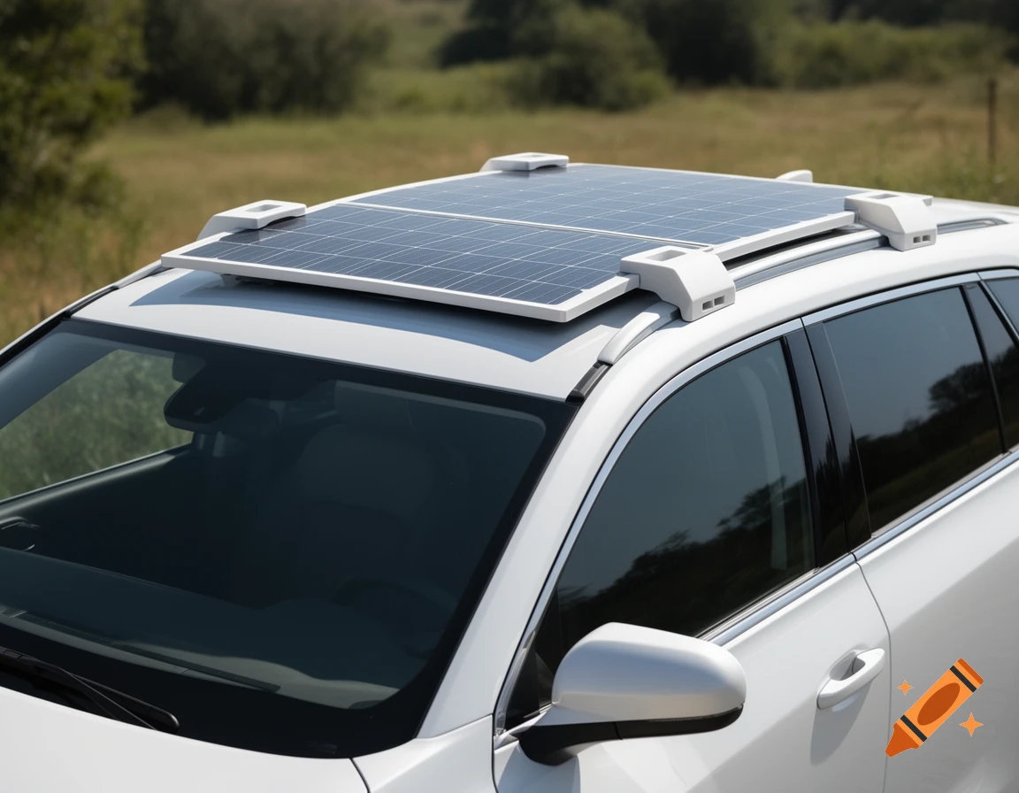 White SUV with solar panels on its roof, photographed outdoors on a sunny day.