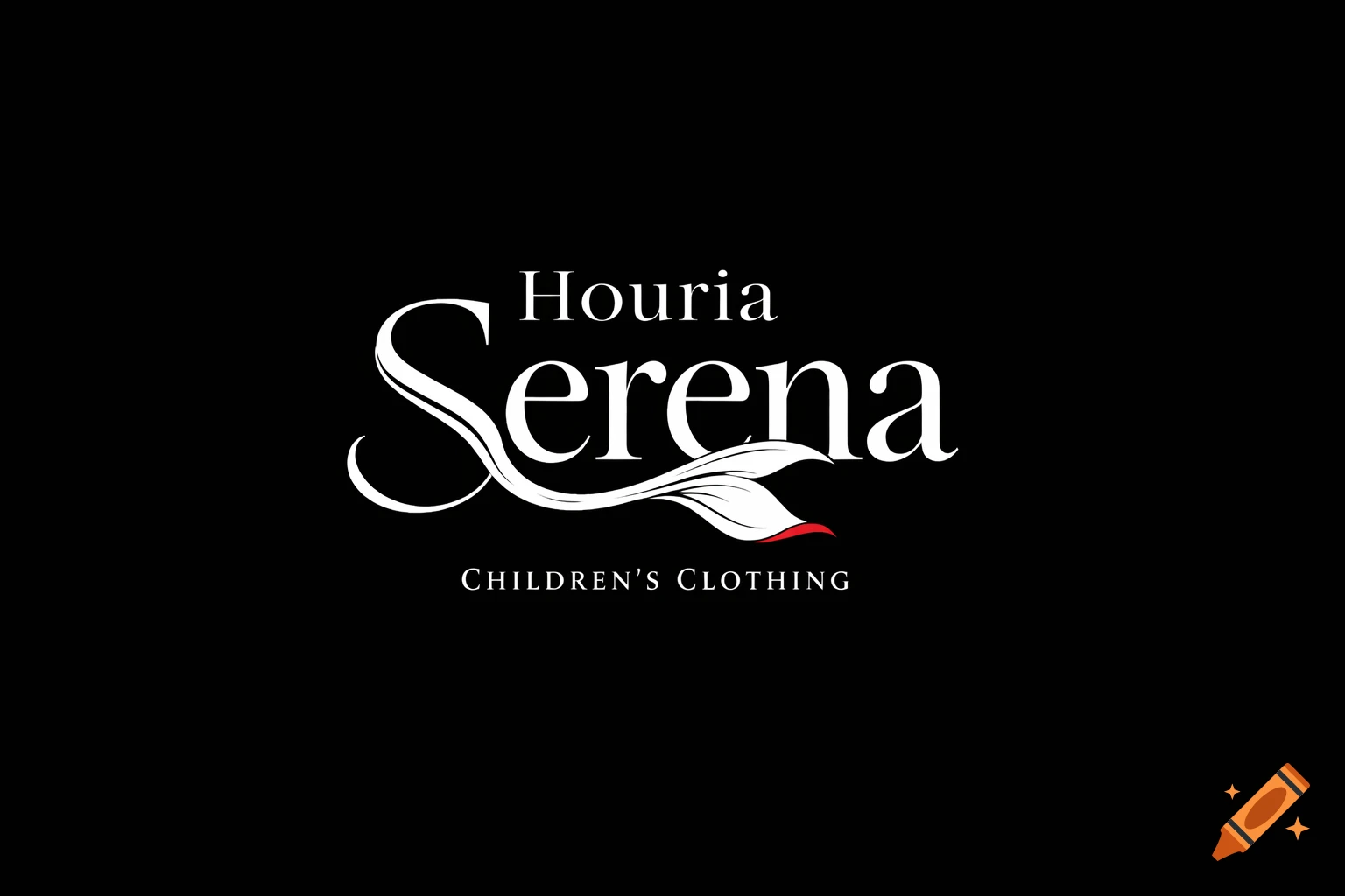 Luxury minimalist logo for 'Houria Serena' children's clothing, featuring white serif text with a mermaid tail in the 'S' and a red tip on a black background.