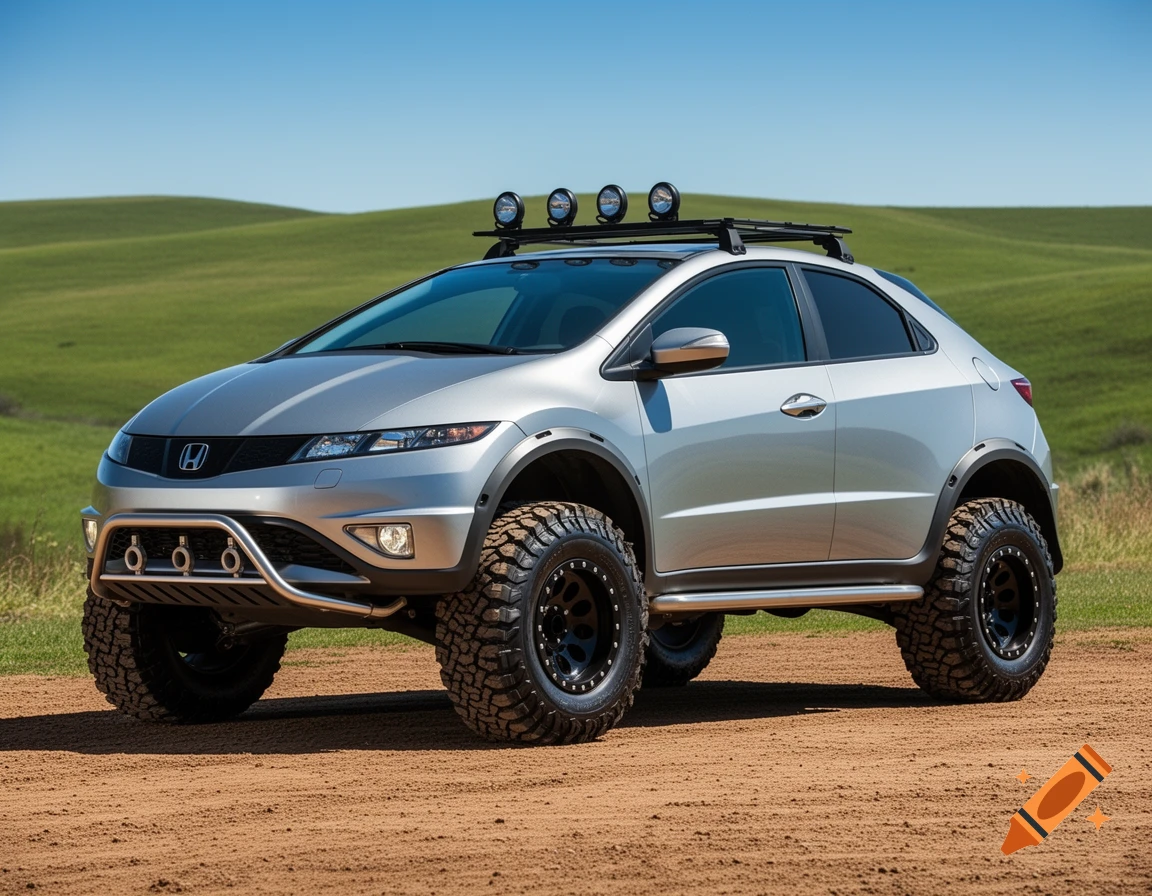A silver Honda Civic hatchback, lifted with large off-road tires and a roof rack, parked on a dirt path in a green field under a clear blue sky.