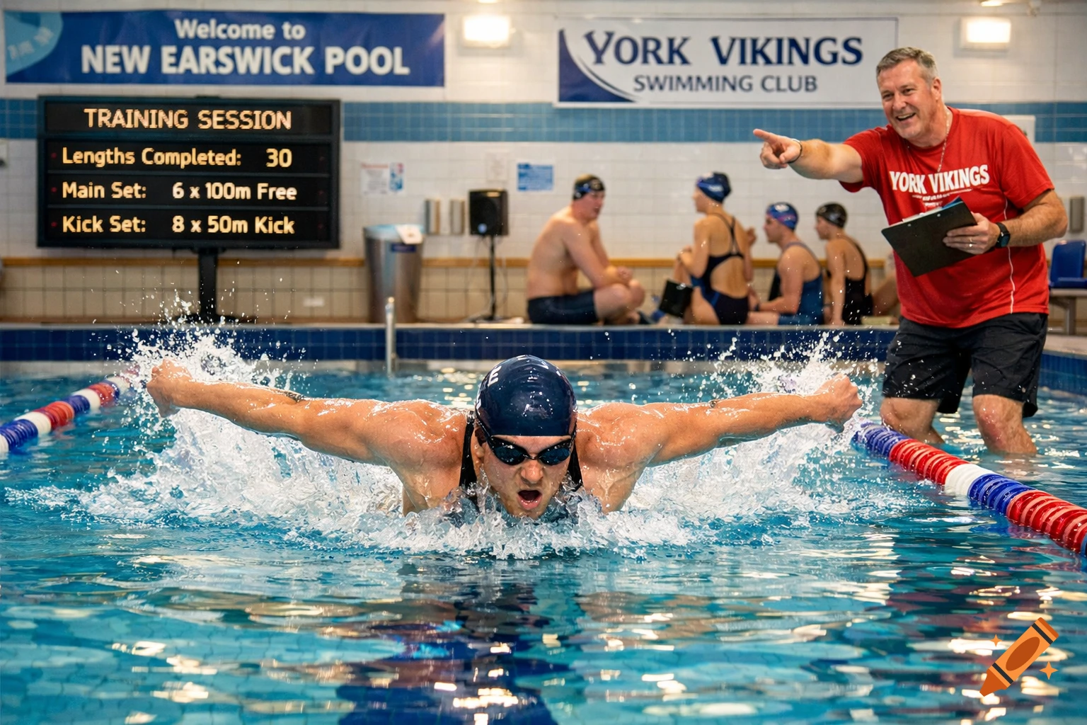 A swimmer doing butterfly stroke in an indoor pool with a coach pointing and other swimmers in the background.