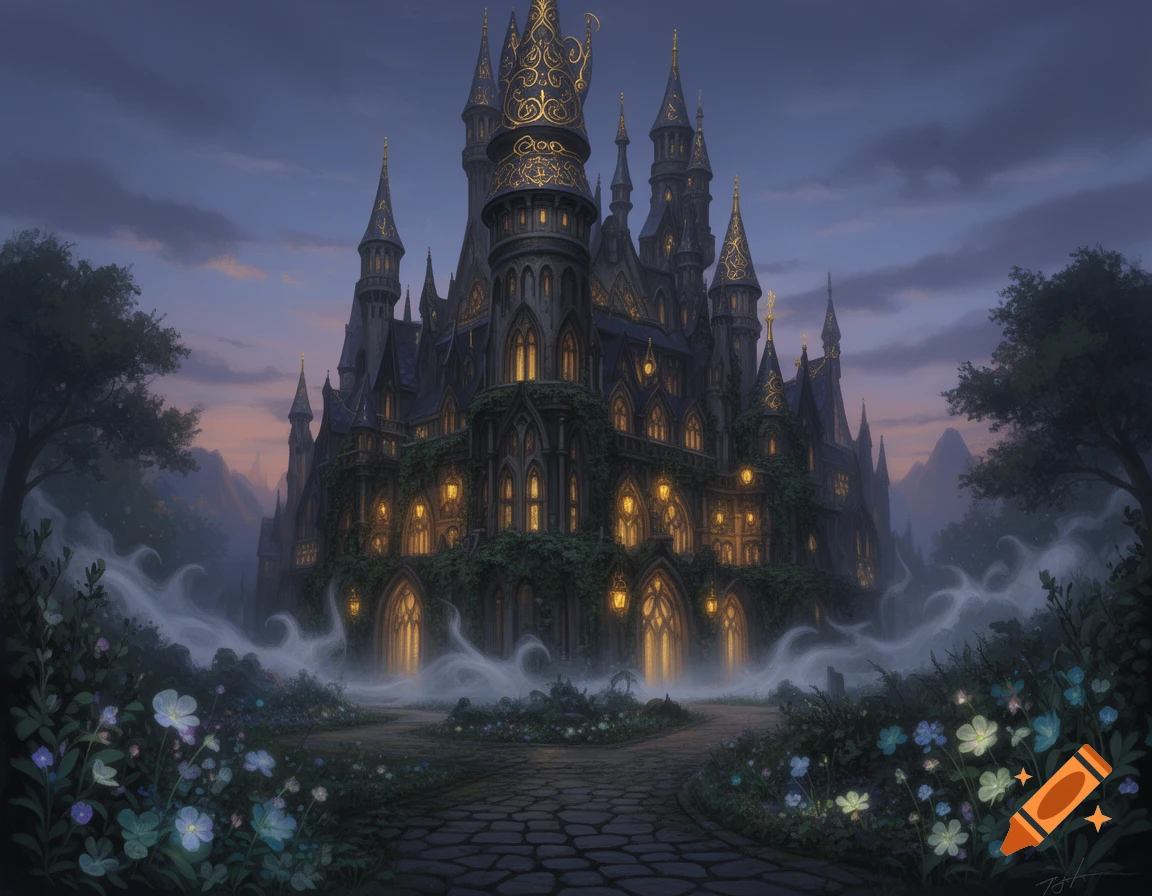 A dark, ornate fantasy castle with numerous glowing windows and golden accents, surrounded by misty gardens with luminous flowers at dusk.