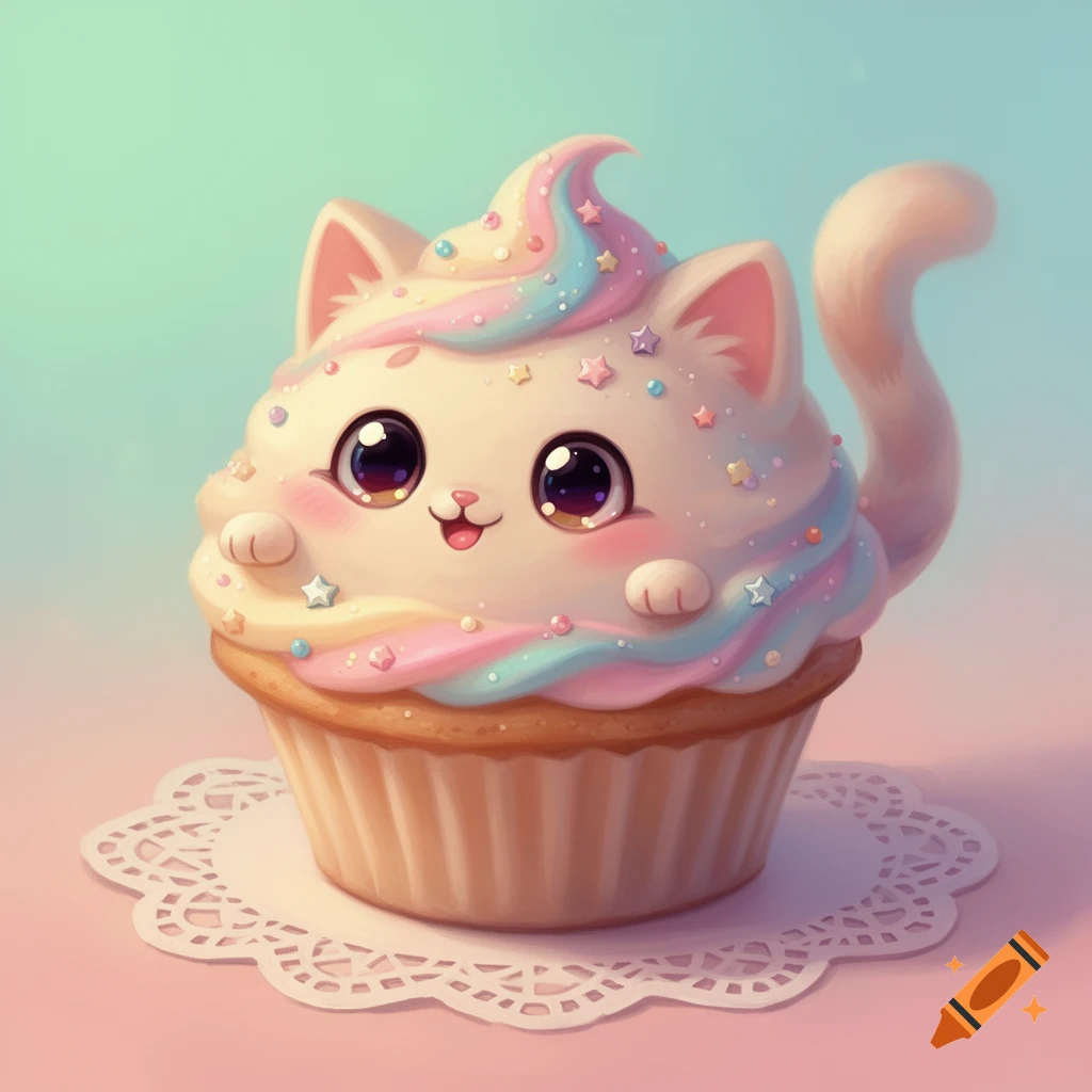 An adorable, fluffy white cat cupcake with large sparkling eyes, pink cheeks, and pastel pink, blue, and yellow frosting topped with colorful stars, sitting on a white doily.