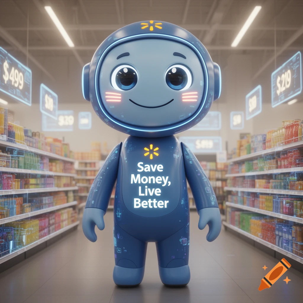 A friendly blue robot mascot with the Walmart logo and slogan on its chest stands in a brightly lit supermarket aisle.