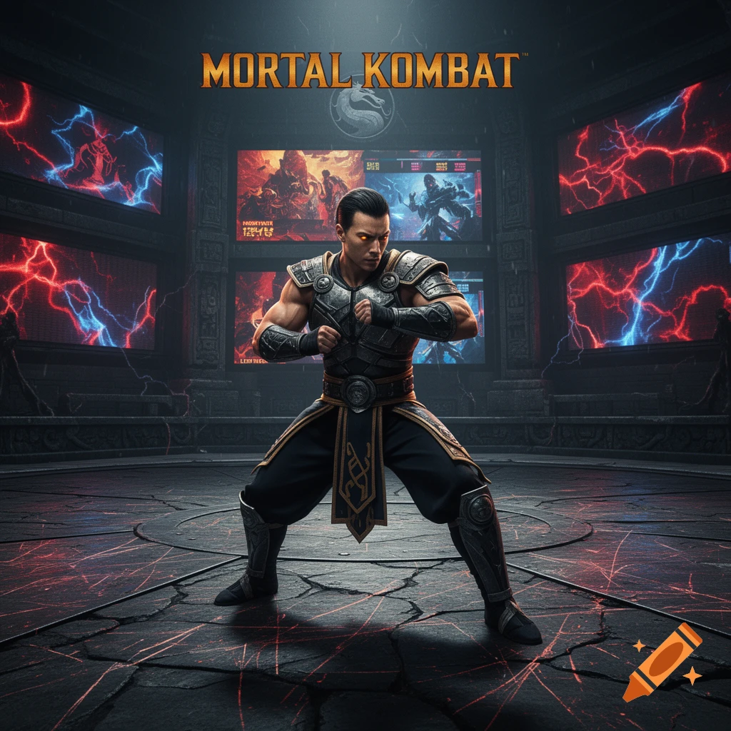 A male fighter in ornate armor stands in a combat pose within a dark arena, with screens displaying lightning and a 'Mortal Kombat' logo above him.