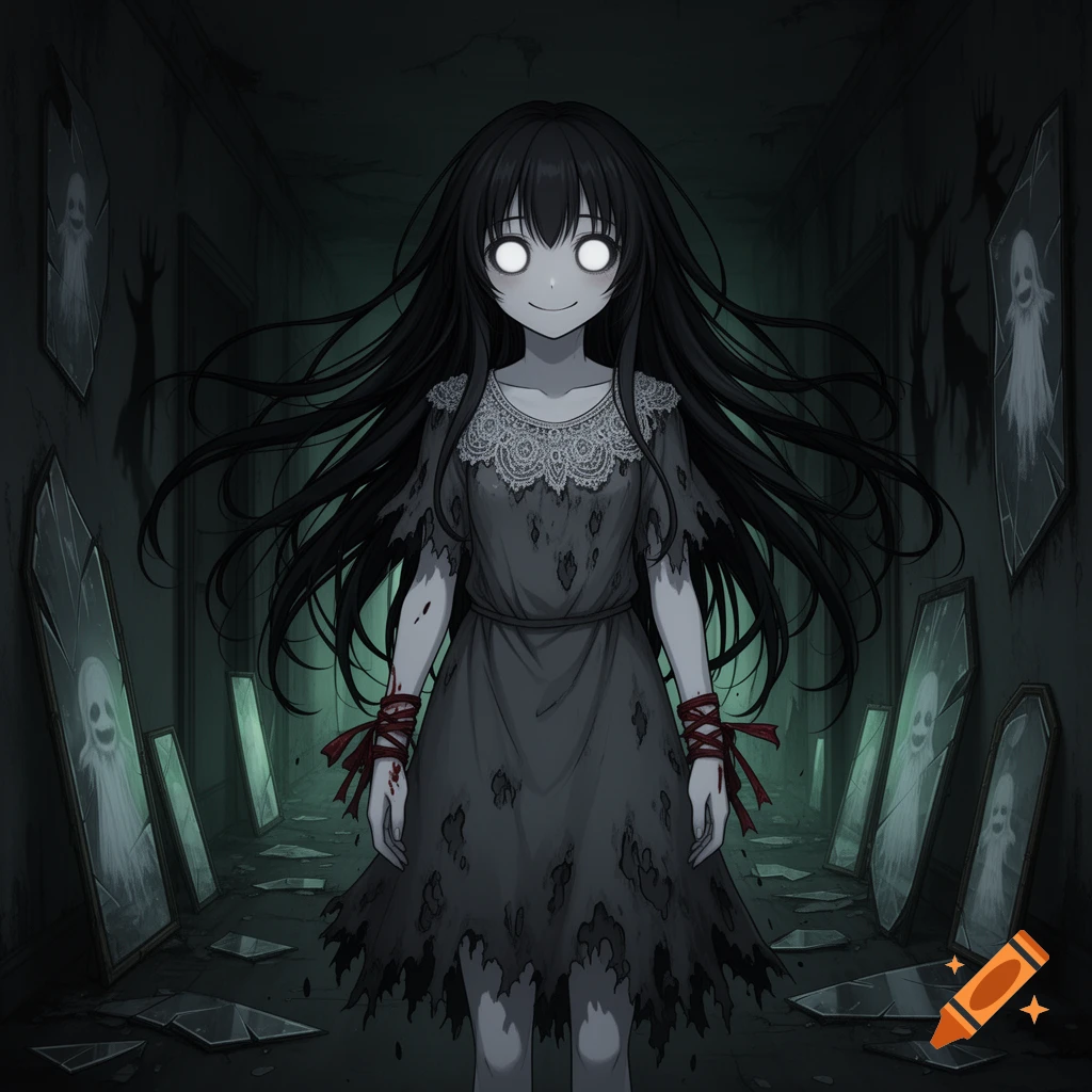 An anime horror girl with glowing white eyes, long black hair, and a tattered grey dress with bloodied ribbons stands in a dark, broken hallway with ghostly reflections.