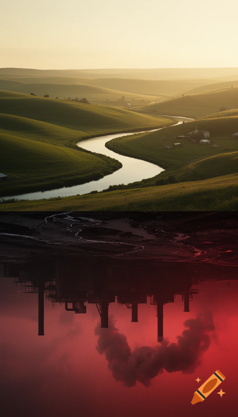 A split image contrasting a serene green landscape with a winding river above, and an inverted, dark red industrial reflection below.