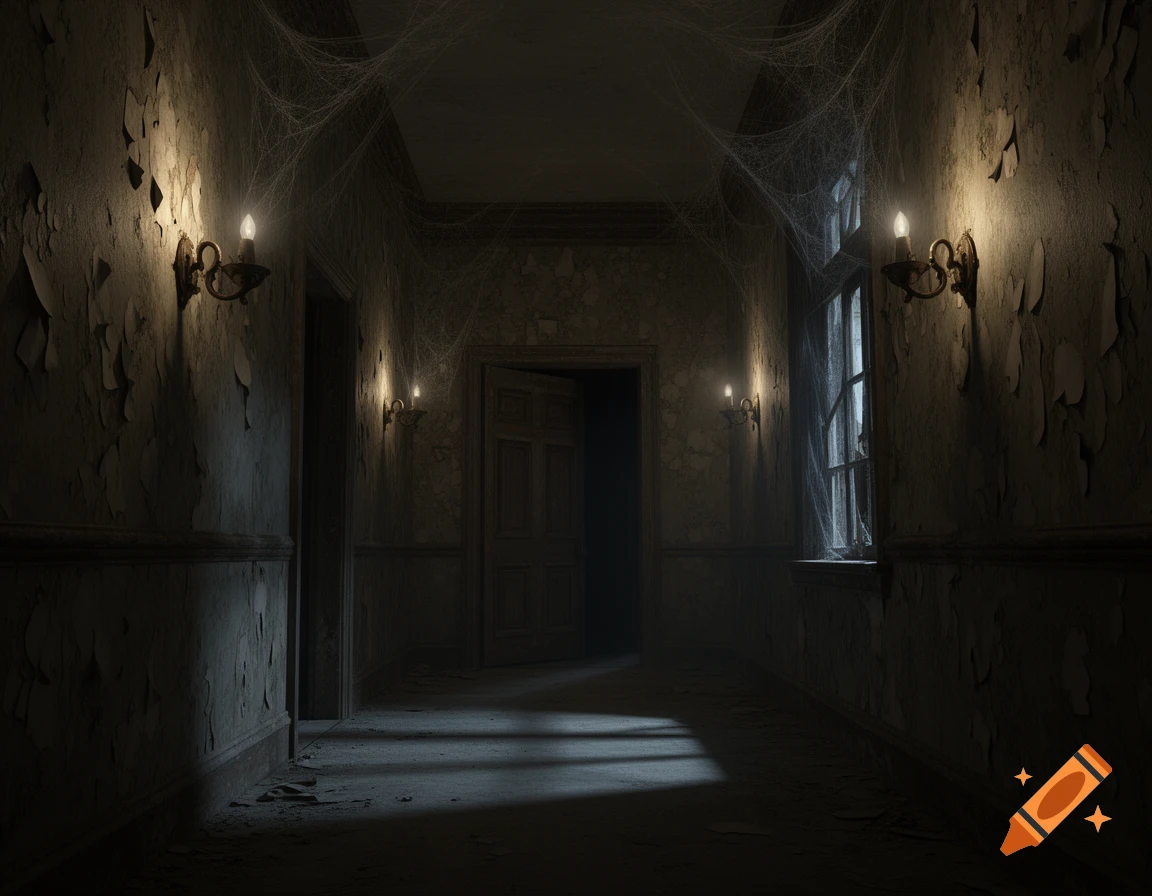 A dark, cobweb-filled hallway in an abandoned building with flickering wall sconces and a partially open door, in a horror style.