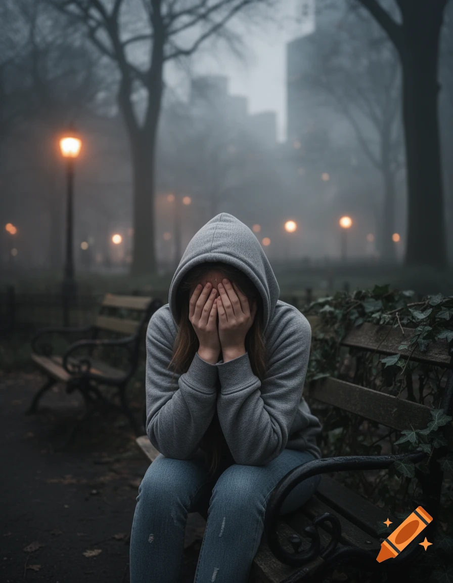 Photorealistic image of a person in a gray hoodie sitting on a park bench, covering their face in sadness amidst a foggy urban landscape.