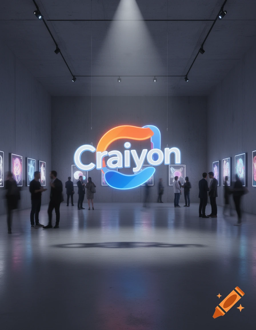 A large neon sign displaying 'Craiyon' glows in a modern art gallery with blurred figures of people observing artworks on the walls.