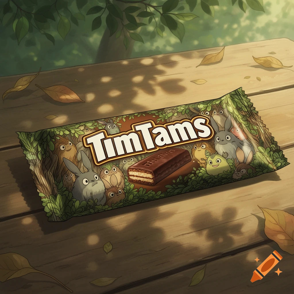 Ghibli-style illustration of a Tim Tams cookie packet with animated forest creatures on a wooden table, surrounded by leaves.