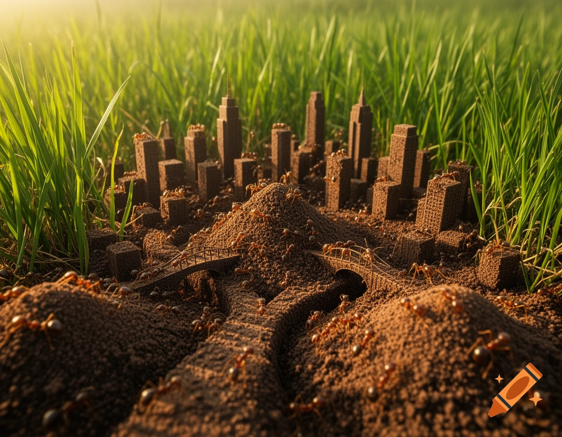 Photorealistic macro shot of ants crawling around a miniature cityscape made of dirt mounds and small buildings in a field of green grass.