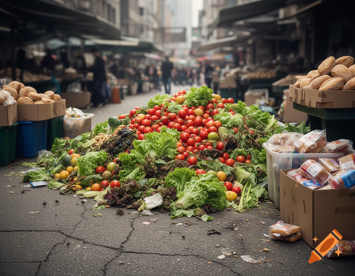 A photorealistic image of a large pile of discarded tomatoes, lettuce, and other produce on a market street, with blurred stalls and people in the background.