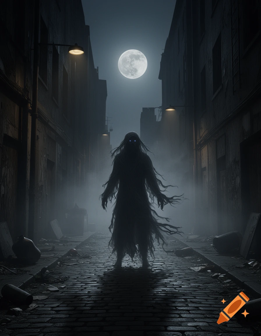 A creepy, shadowy figure with glowing eyes stands in a foggy, dark alley under a full moon, with trash scattered on the cobblestones.