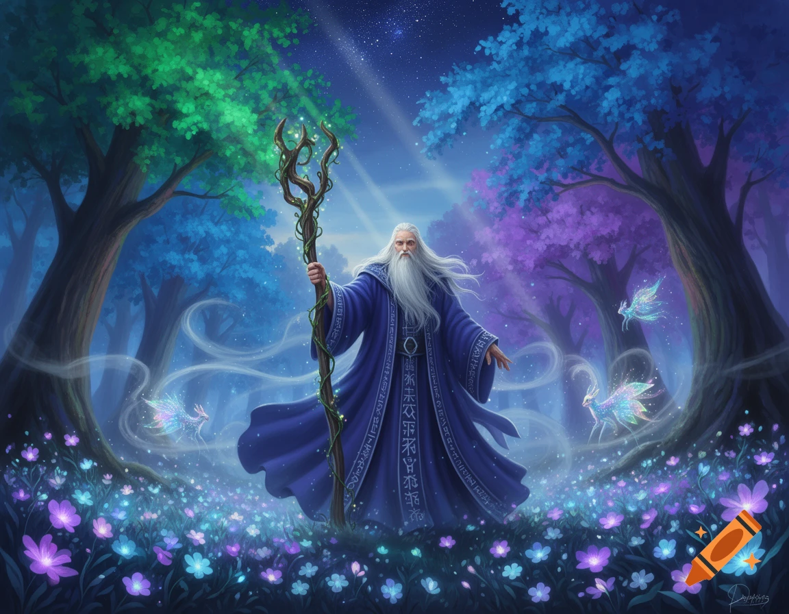 A white-bearded wizard in a blue robe stands in a vibrant, mystical forest with glowing flowers and luminous fairy-like deer, holding a gnarled staff.