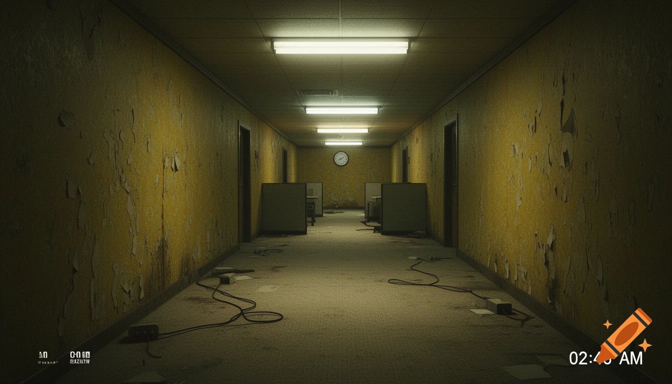 A dark, creepy, and dilapidated office hallway with peeling yellow wallpaper, fluorescent lights, and scattered wires, timestamped 02:45 AM.