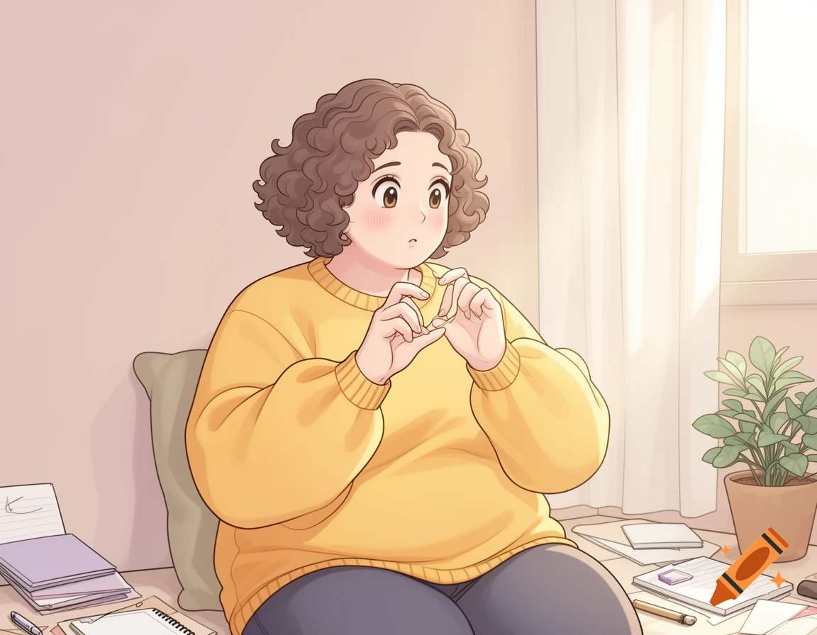 An anime-style drawing of a chubby woman in a yellow sweater counting with her fingers, sitting in a sunny room with plants and notebooks.