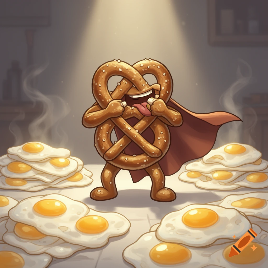 A cartoon superhero pretzel wearing a red cape stands triumphantly amidst piles of fried eggs in a kitchen.