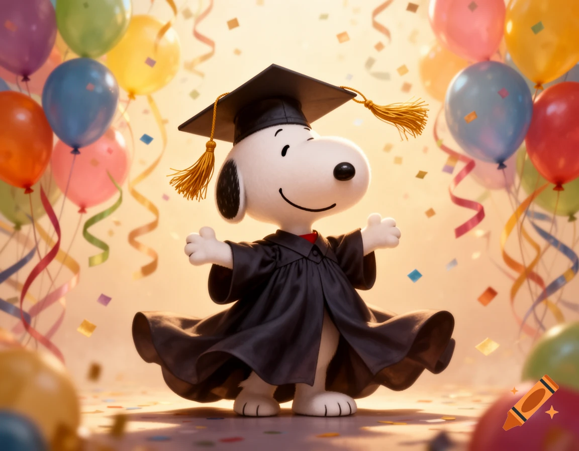 A happy Snoopy wearing a black graduation cap and gown, surrounded by colorful balloons, ribbons, and confetti.