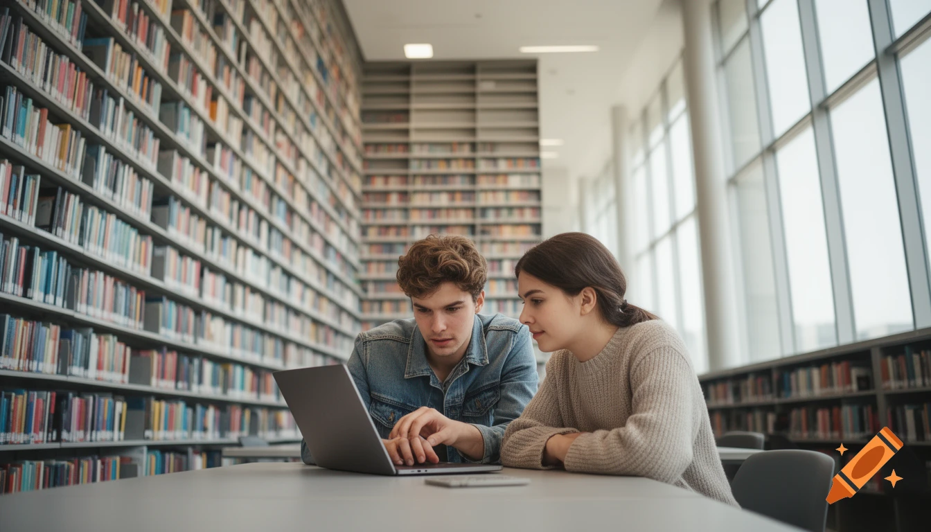 Two students collaborate on a laptop in a modern library with towering bookshelves and natural light.