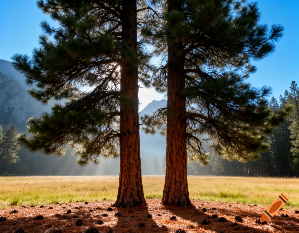 Two tall pine trees stand in a sunlit field with a forest and mountains in the misty background, pinecones on the ground.