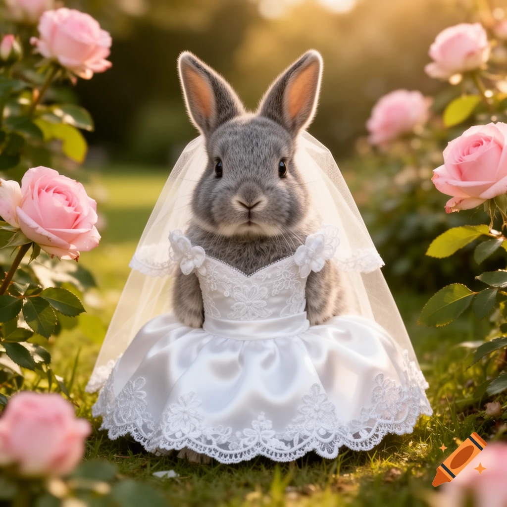 A cute grey rabbit in a white wedding dress and veil stands among pink roses in a garden during golden hour.