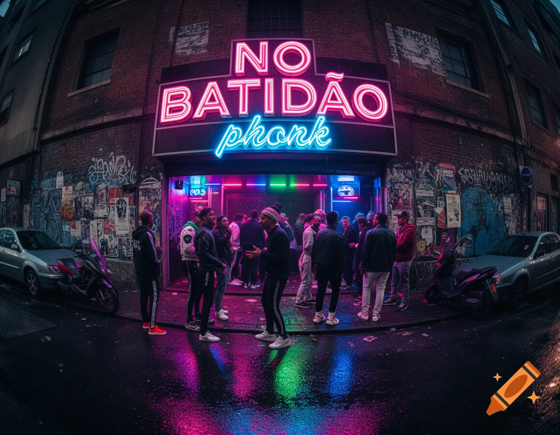 Night shot of people outside a club with a neon sign "NO BATIDÃO phonk", reflections on wet pavement, urban setting.