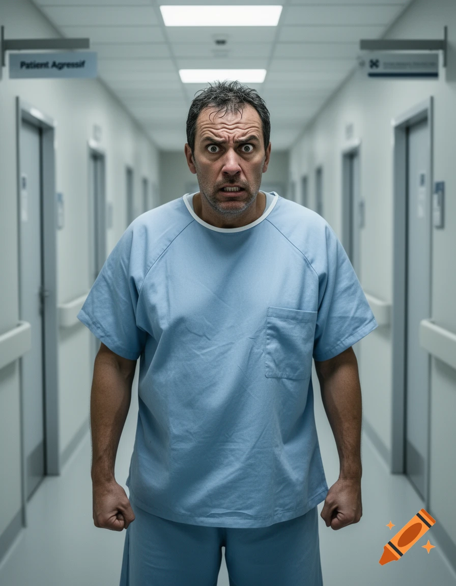 A man with an angry expression and clenched fists, wearing a hospital gown, stands in a hospital hallway.