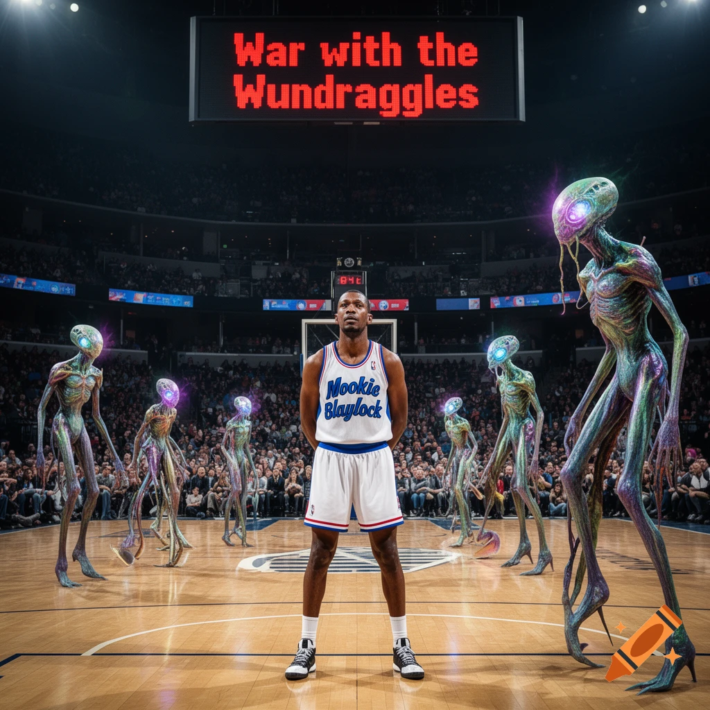 Basketball player Mookie Blaylock on court, surrounded by slender, glowing aliens. Scoreboard: 'War with the Wundraggles'.
