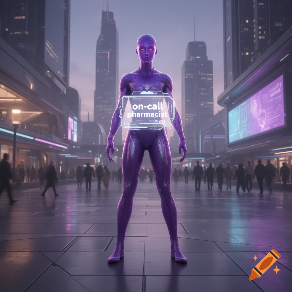 A purple humanoid figure stands in a futuristic city street, displaying a glowing badge that reads 'on-call pharmacist'.