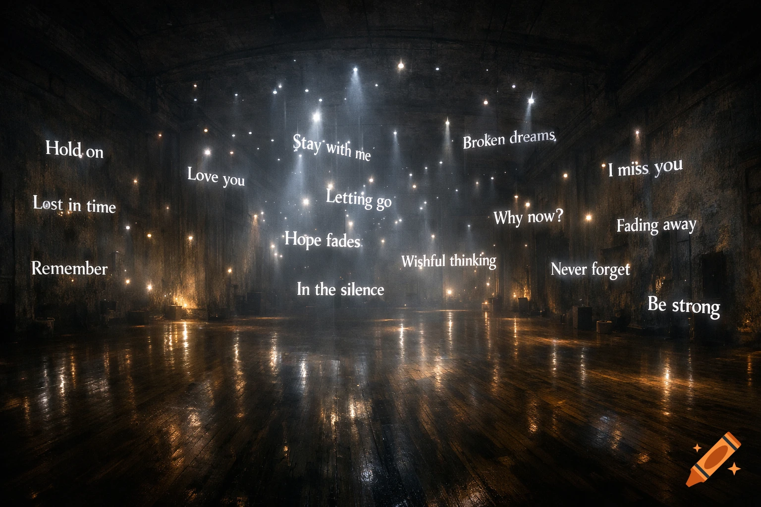 Emotional words illuminated by spotlights float in a dark, cavernous room with a wet, reflective wooden floor, creating a moody atmosphere.