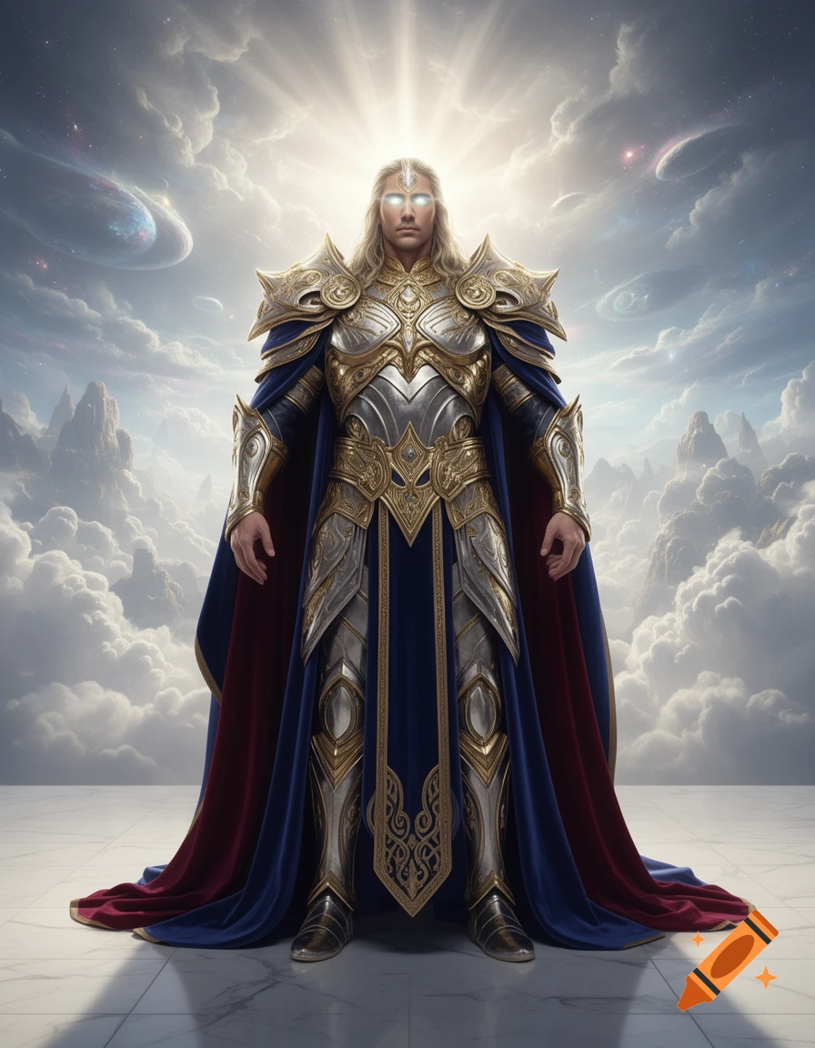 A majestic male figure in ornate gold and silver armor with a blue and red cape stands under a bright light in a cloudy, celestial sky.