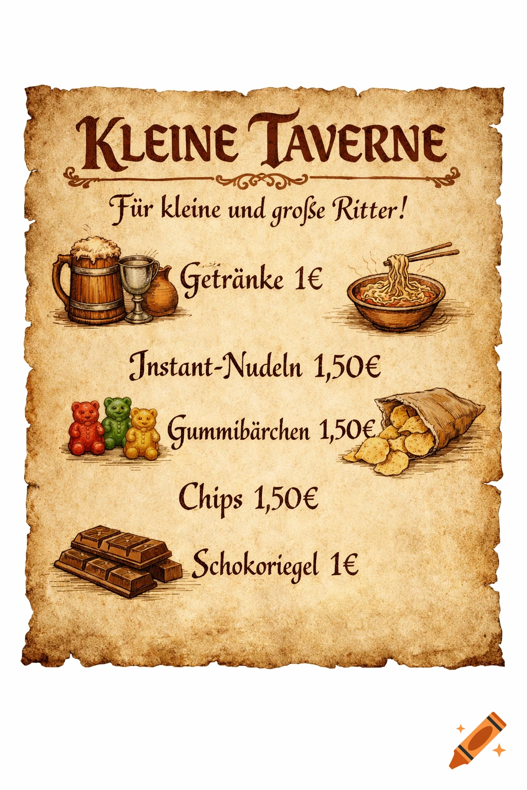 Medieval-style menu on aged parchment, listing drinks, instant noodles, gummy bears, chips, and chocolate with prices.