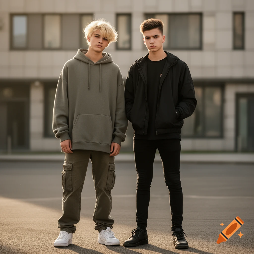 Two young men in streetwear stand side by side on a paved urban street with a building in the background.