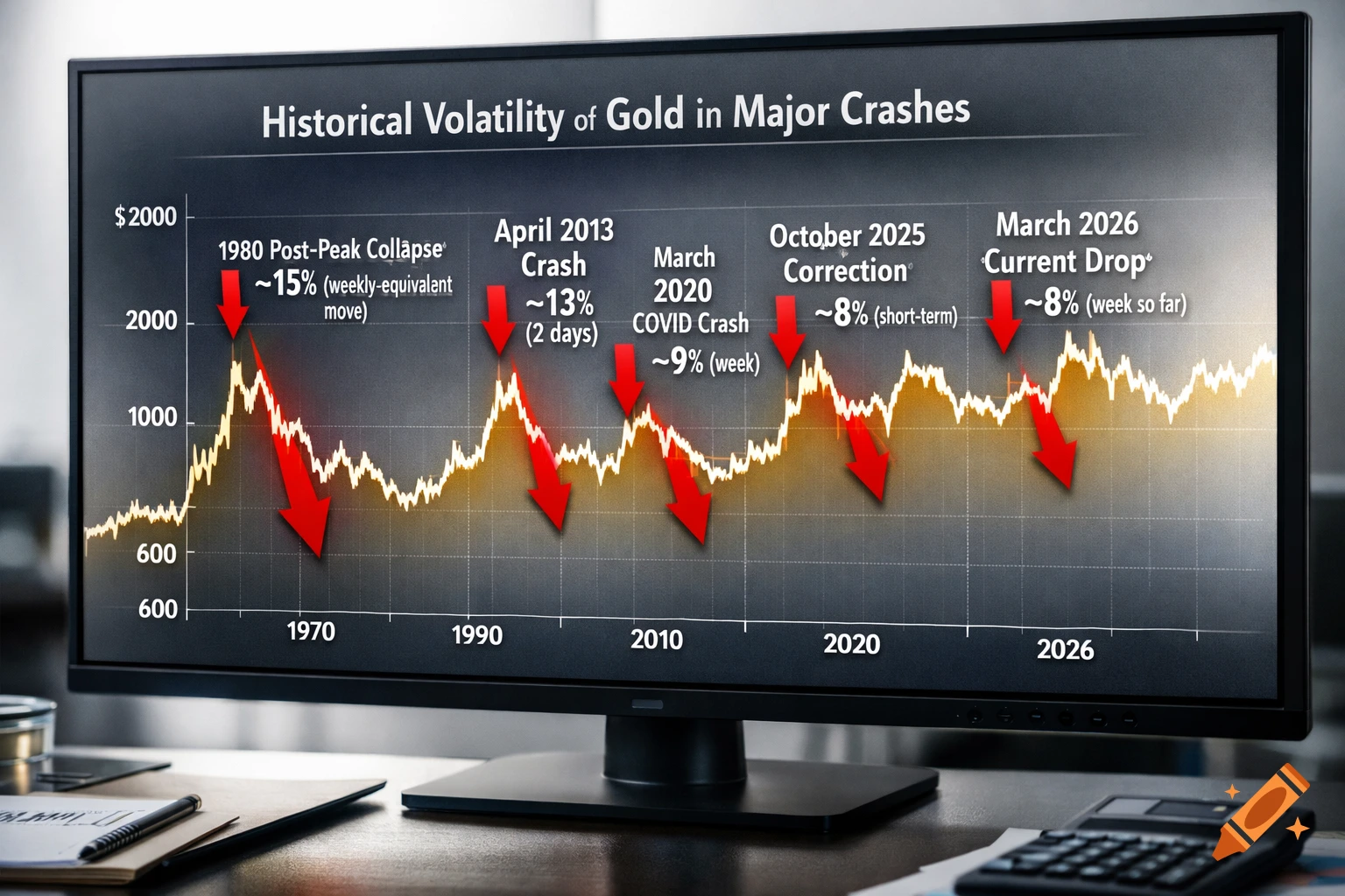 A computer monitor displays a detailed financial graph titled 'Historical Volatility of Gold in Major Crashes', showing gold price fluctuations and significant drops marked with red arrows and dates, on an office desk.