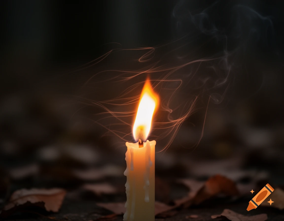 A glowing candle flame with smoke and stylized wind lines against a dark, blurred background with scattered leaves.
