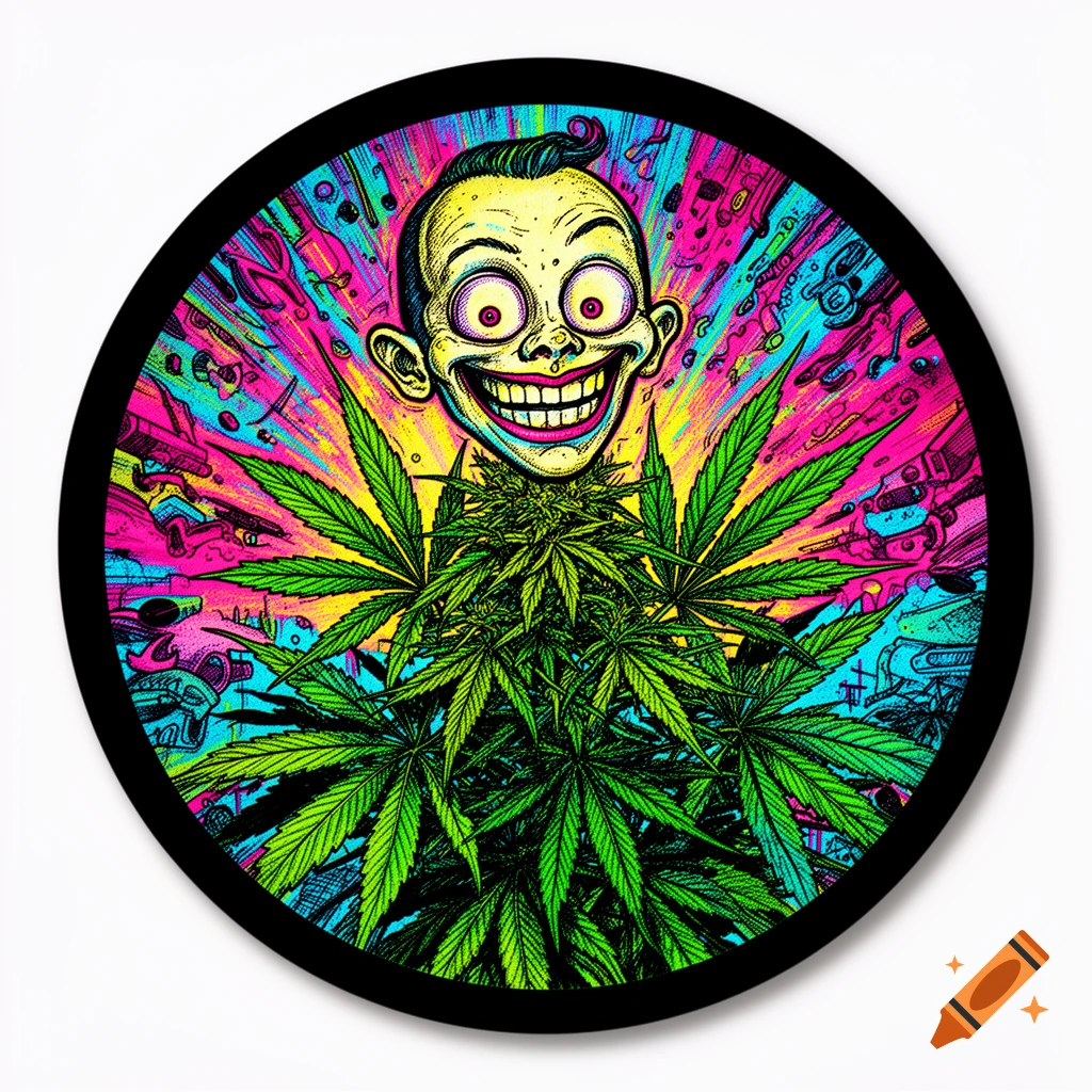 A psychedelic, hand-drawn cartoon character with wide eyes and a big grin emerges from a cannabis plant, on a vibrant, colorful background in a circular frame.