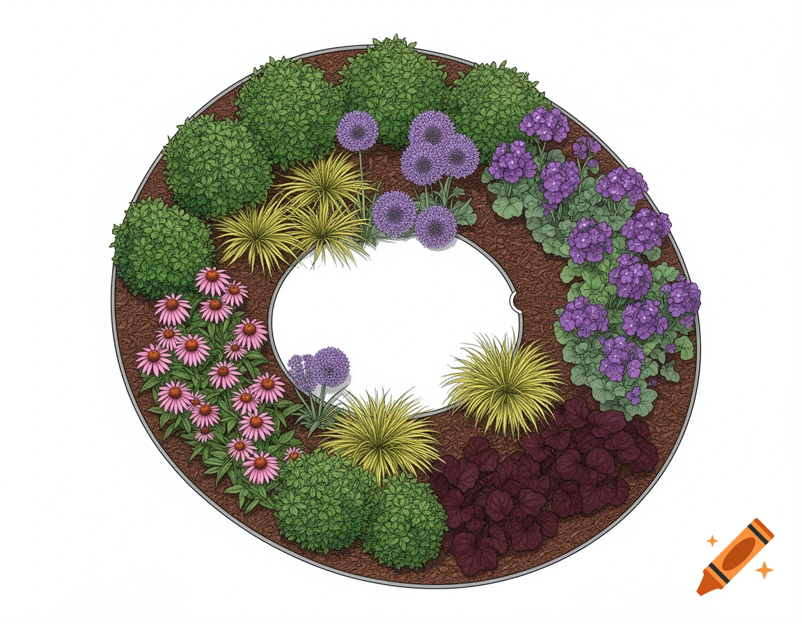 Top-down professional landscape plan of a circular garden bed with green shrubs, pink coneflowers, purple geraniums, yellow sedge, burgundy coral bells, and purple allium.