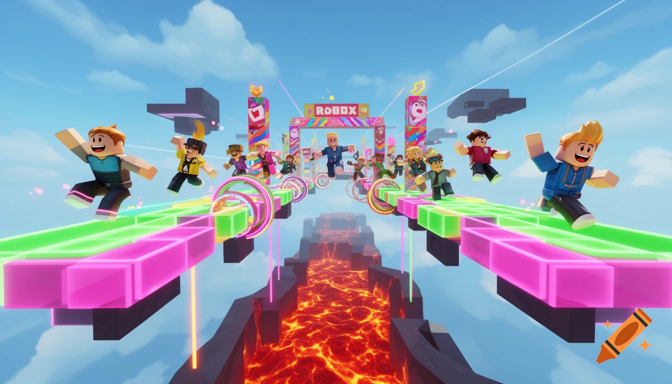 Blocky Roblox-style characters jump across a colorful parkour course suspended in the sky above a lava pit.