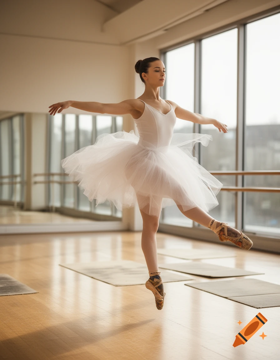 A ballerina in a white leotard and tutu stands en pointe in a bright dance studio with large windows and a mirror.