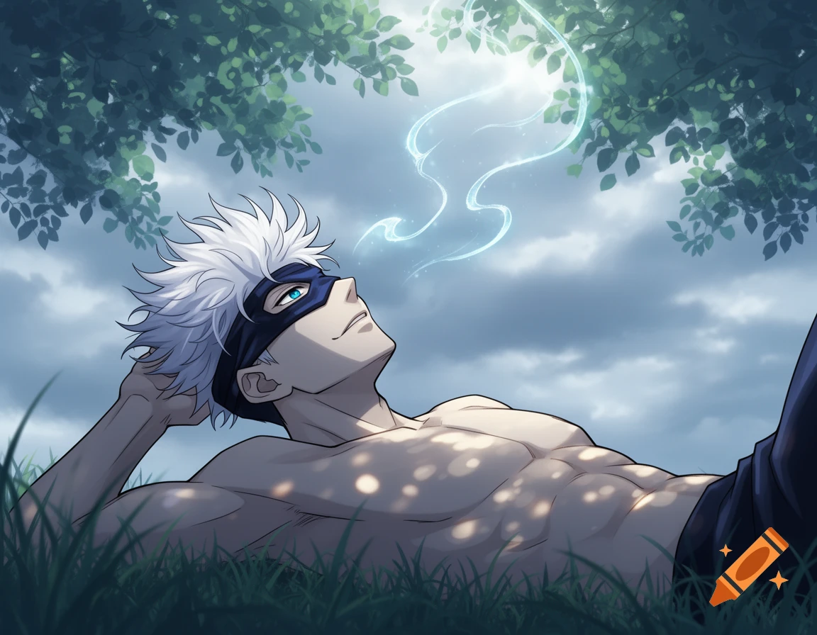 Gojo Satoru from Jujutsu Kaisen lies shirtless on his back in the grass, looking up at glowing blue energy under tree branches, anime style.